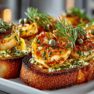 appetizer of Shrimp Crostini with Lemon, Capers, & Dill - spooned onto crisp baguette crostini and baked until warm and golden for a bright, briny bite