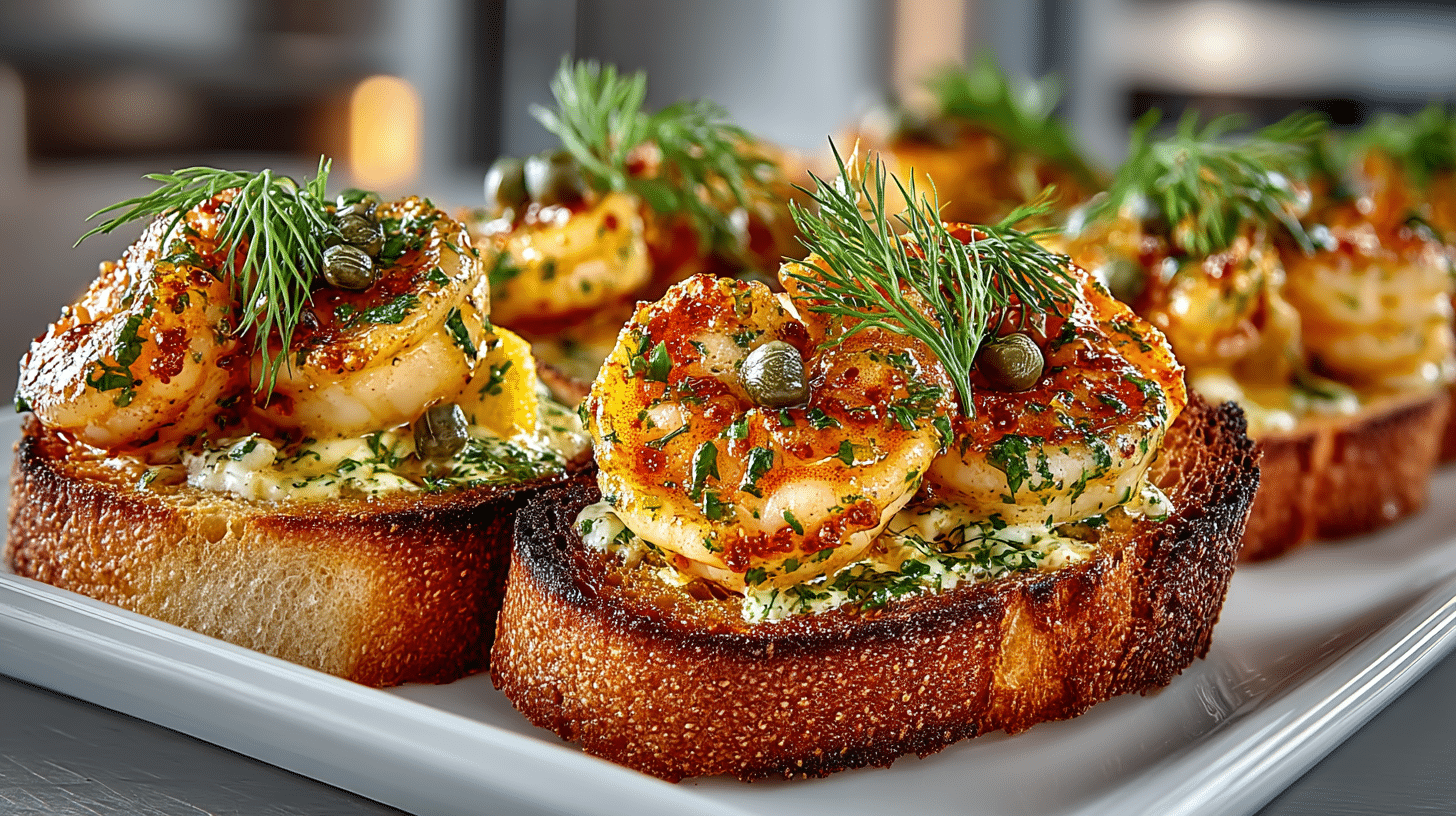 appetizer of Shrimp Crostini with Lemon, Capers, & Dill - spooned onto crisp baguette crostini and baked until warm and golden for a bright, briny bite