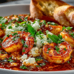 Shrimp Saganaki with toasted Baguette