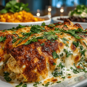 Sour Cream Chicken Enchiladas served with Black Beans, Corn and Rice bake
