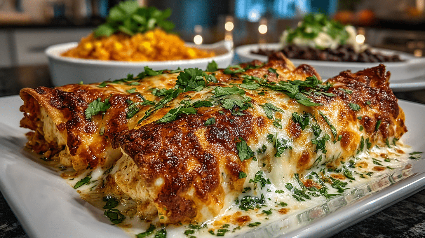 Sour Cream Chicken Enchiladas served with Black Beans, Corn and Rice bake