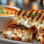 Cheese Grilled Panini Bite Amuse and farm stand Charred Tomato Soup, served with Chardonnay