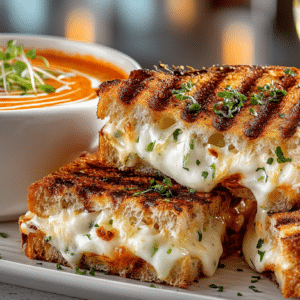 Cheese Grilled Panini Bite Amuse and farm stand Charred Tomato Soup, served with Chardonnay