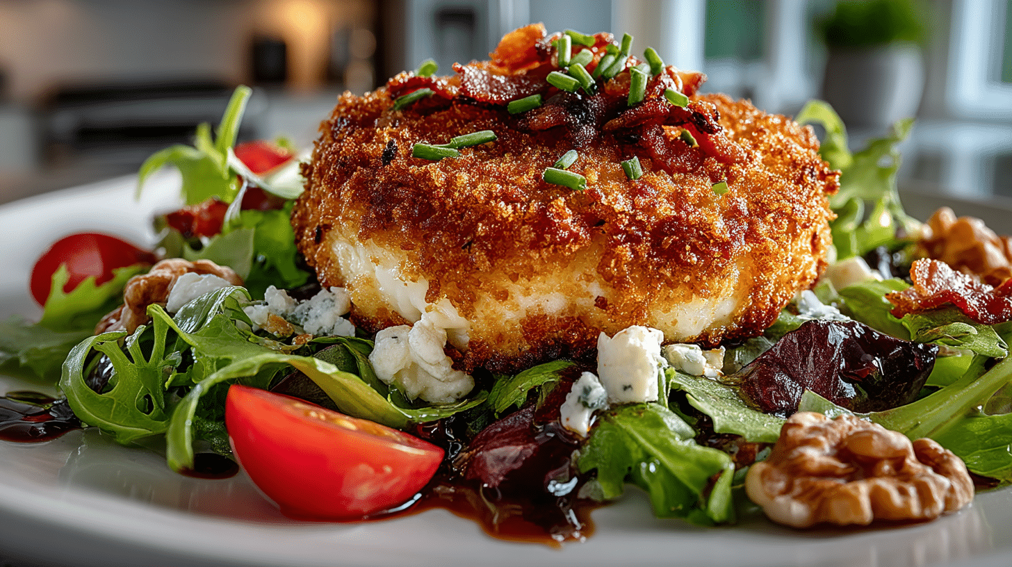 Walnut Crusted Warm Goat Cheese on Baby Greens with Crispy Bacon & Champagne Vinaigrette