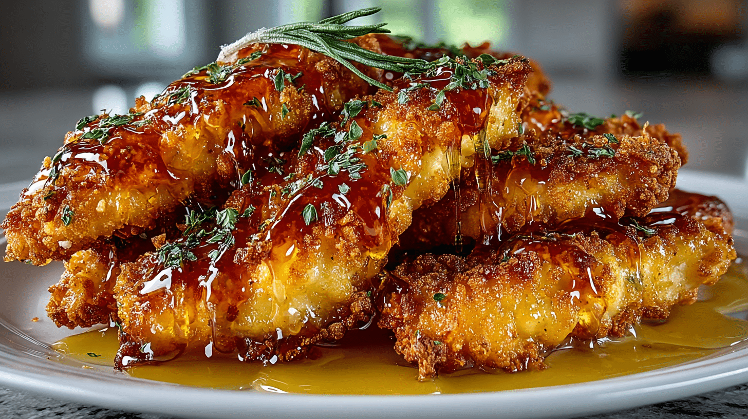 air fryer crispy Chicken Tenders drizzled with hot Honey