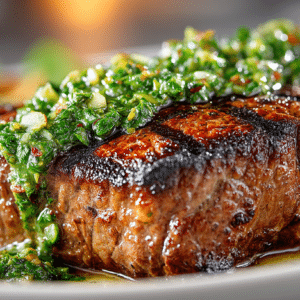 char-cooked New York Steak with fresh Herb Chimichurri