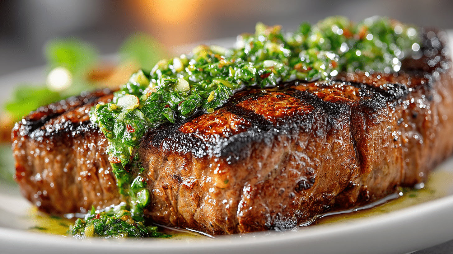 char-cooked New York Steak with fresh Herb Chimichurri