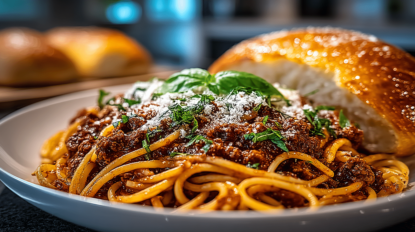 Spaghetti with Meat Sauce; Fresh Made Italian Bread