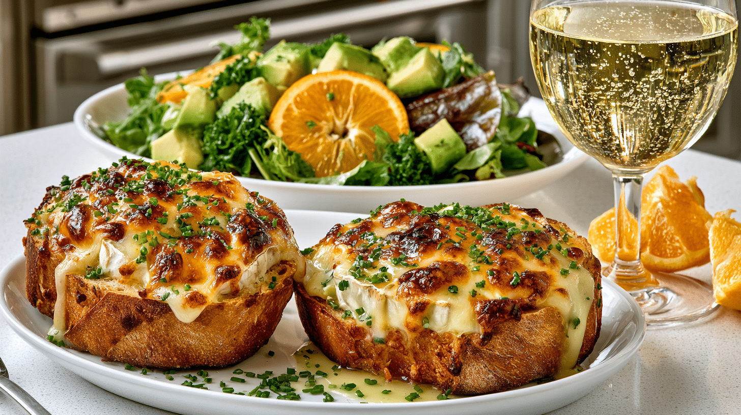 French Baguette with melted Brie & Chives Amuse, and Avocado & fresh Orange Salad with Baby Greens & Citrus Vinaigrette, served with Sauvignon Blanc