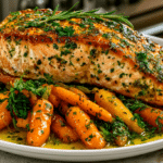Salmon roasted in Butter, served with Herb-Garden Carrots