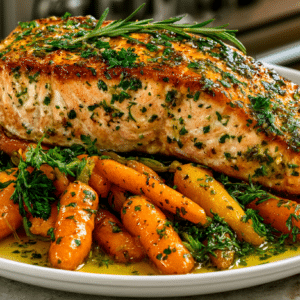 Salmon roasted in Butter, served with Herb-Garden Carrots
