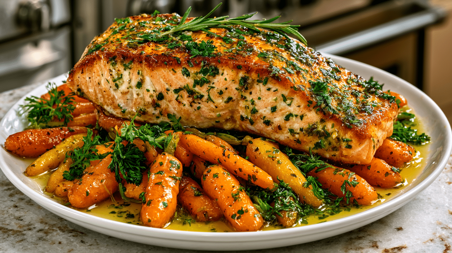 Salmon roasted in Butter, served with Herb-Garden Carrots
