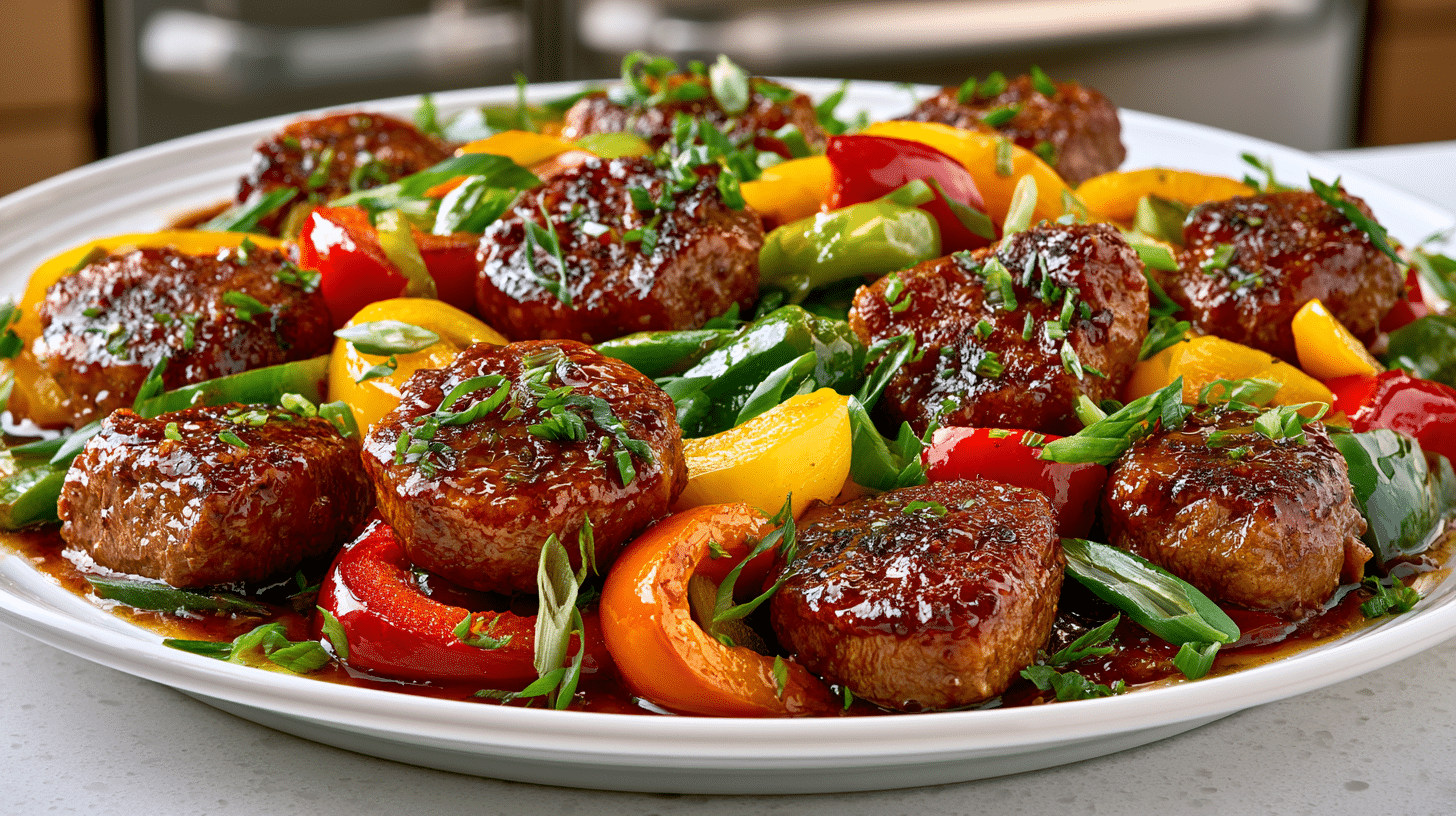 Chicken Manchurian (tender, velveted Chicken in a glossy, tangy Sweet-and-Sour Sauce, stir-fried with Bell Peppers and Scallions)