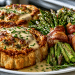 Garlic Herb Chicken in Puff Pastry with Dijon Shallot Cream Sauce, served with Bacon-wrapped Asparagus Bundles.