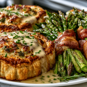 Garlic Herb Chicken in Puff Pastry with Dijon Shallot Cream Sauce, served with Bacon-wrapped Asparagus Bundles.
