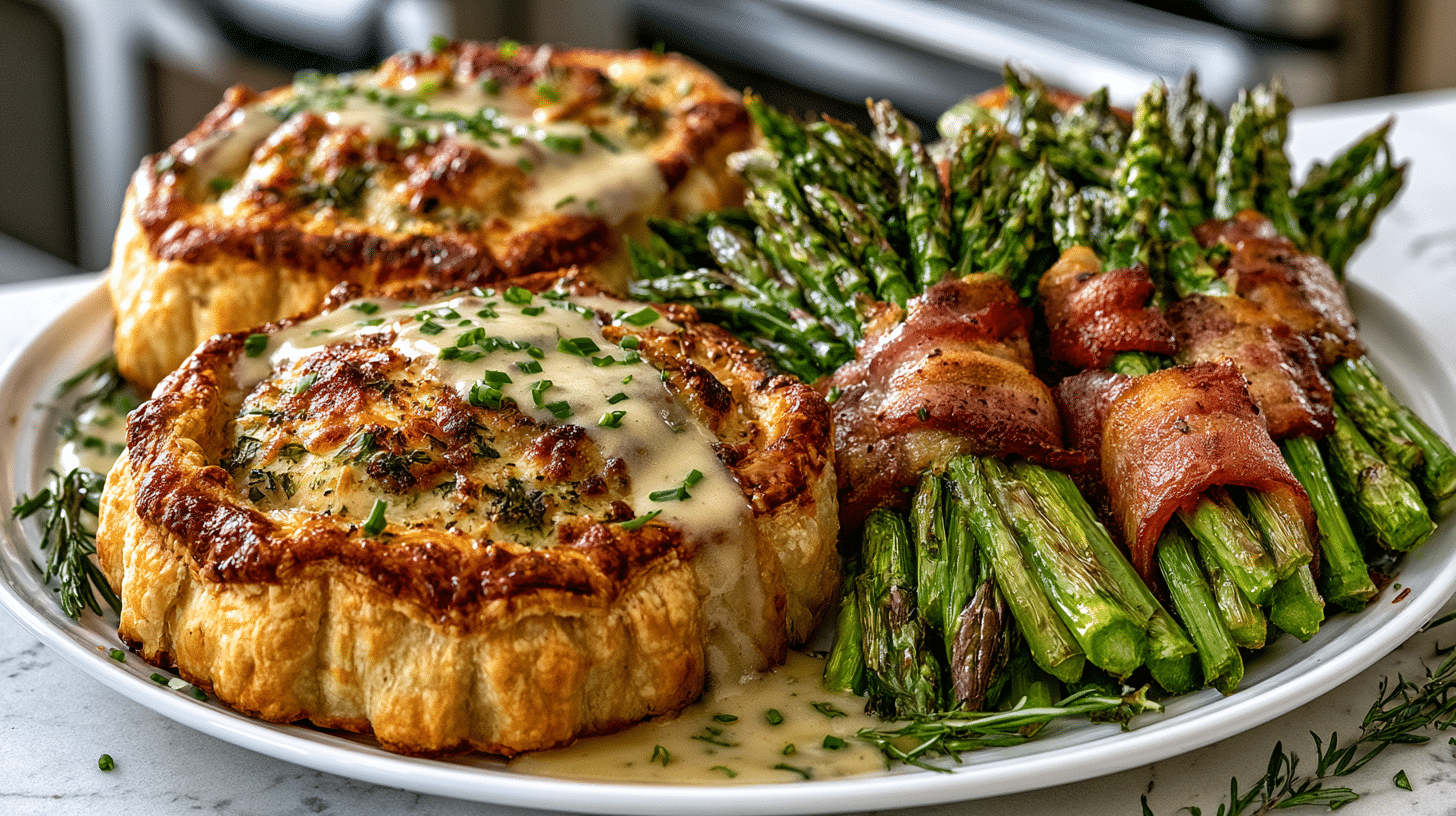 Garlic Herb Chicken in Puff Pastry with Dijon Shallot Cream Sauce, served with Bacon-wrapped Asparagus Bundles.