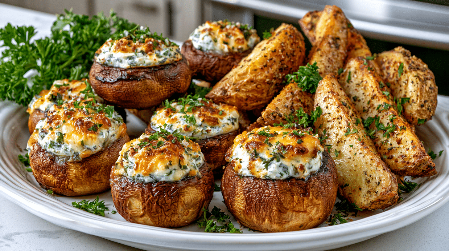 Cream Cheese Stuffed Mushrooms; Potato Wedges