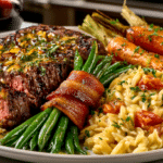 Flat-Iron Steak with Shallot and White Wine Butter Sauce; Bacon Wrapped Green Beans; Orzo Risotto with Tomatoes, and Sugar-Glazed Roasted Carrots, served with Cabernet Sauvignon