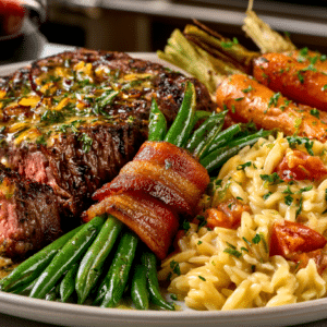 Flat-Iron Steak with Shallot and White Wine Butter Sauce; Bacon Wrapped Green Beans; Orzo Risotto with Tomatoes, and Sugar-Glazed Roasted Carrots, served with Cabernet Sauvignon