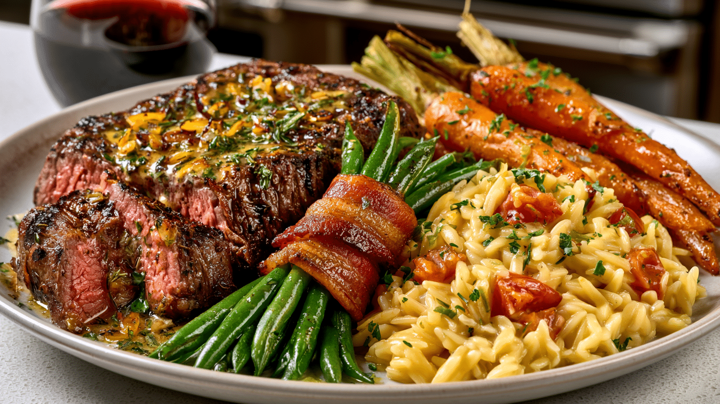 Flat-Iron Steak with Shallot and White Wine Butter Sauce; Bacon Wrapped Green Beans; Orzo Risotto with Tomatoes, and Sugar-Glazed Roasted Carrots, served with Cabernet Sauvignon