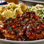 Grilled Picnic Chicken served with baked Potato Salad and crunchy Cole Slaw