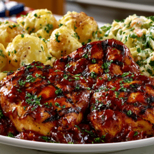 Grilled Picnic Chicken served with baked Potato Salad and crunchy Cole Slaw