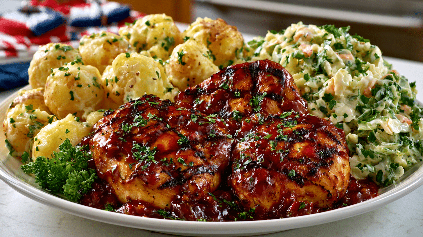 Grilled Picnic Chicken served with baked Potato Salad and crunchy Cole Slaw