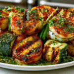 grilled Shrimp Salmoriglio (grilled Shrimp, Zucchini, and Scallion skewers with Garlicky Oregano-Lemon Oil, and served with Parsley-Lemon Sauce)