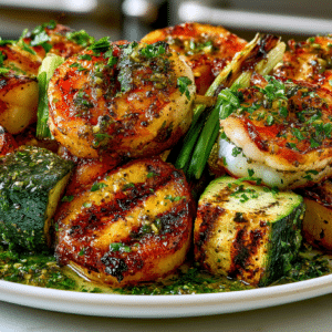 grilled Shrimp Salmoriglio (grilled Shrimp, Zucchini, and Scallion skewers with Garlicky Oregano-Lemon Oil, and served with Parsley-Lemon Sauce)