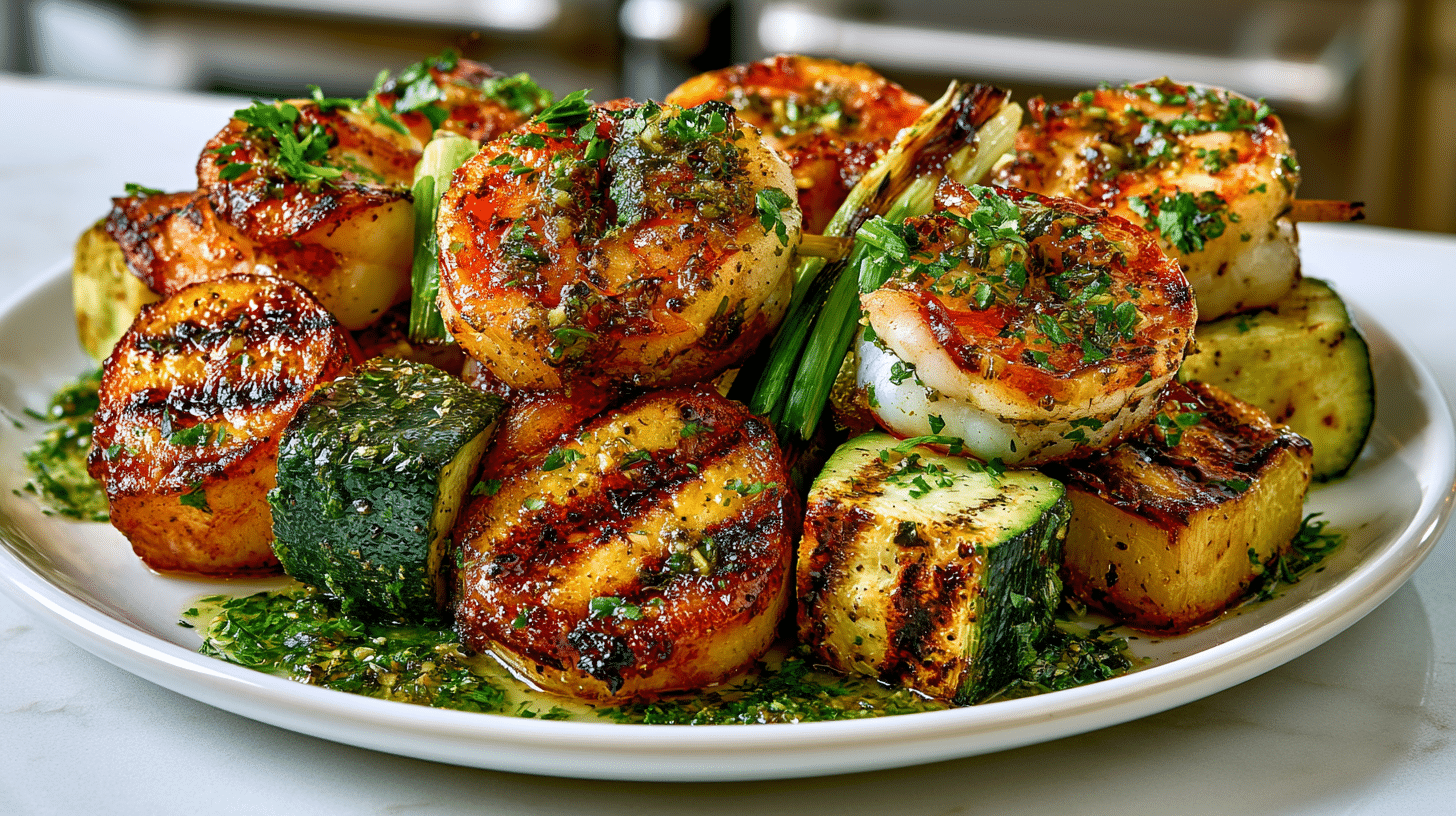 grilled Shrimp Salmoriglio (grilled Shrimp, Zucchini, and Scallion skewers with Garlicky Oregano-Lemon Oil, and served with Parsley-Lemon Sauce)