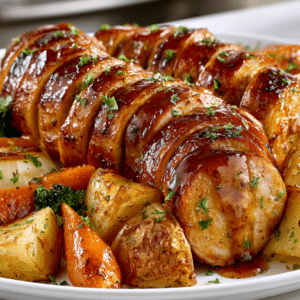 Hasselback Honey Mustard Kielbasa over Roasted Vegetables