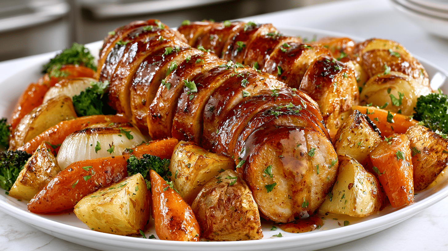 Hasselback Honey Mustard Kielbasa over Roasted Vegetables
