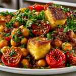 Masala Chickpeas with Tofu & Blistered Tomatoes (toasted Tofu, Garam Masala-spiced Chickpeas, and blistered Cherry Tomatoes simmered in Ghee with Ginger, Garlic, and Fresh Herbs)