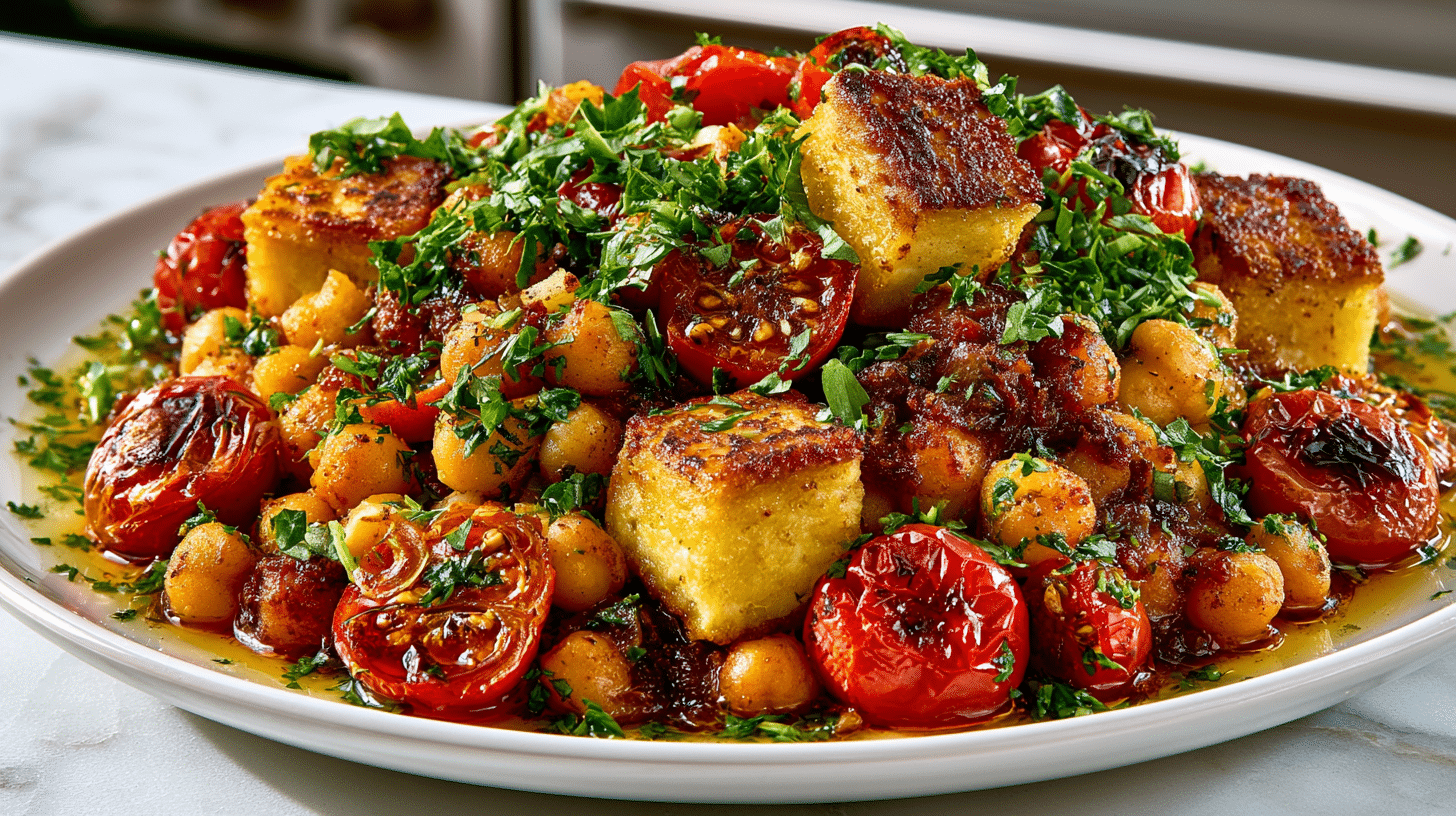 Masala Chickpeas with Tofu & Blistered Tomatoes (toasted Tofu, Garam Masala-spiced Chickpeas, and blistered Cherry Tomatoes simmered in Ghee with Ginger, Garlic, and Fresh Herbs)