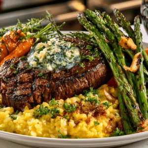New York Steak with Blue Cheese Butter; Tequila & Butter Glazed fresh Carrot Flambé; Slow Cooked Saffron Risotto; grilled Asparagus Spears with Toasted Garlic, served with Cabernet Sauvignon