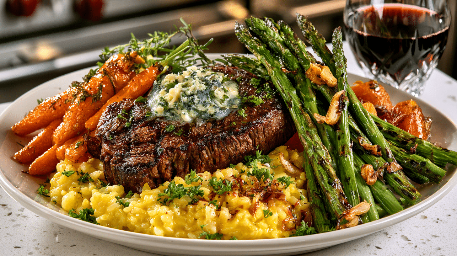 New York Steak with Blue Cheese Butter; Tequila & Butter Glazed fresh Carrot Flambé; Slow Cooked Saffron Risotto; grilled Asparagus Spears with Toasted Garlic, served with Cabernet Sauvignon