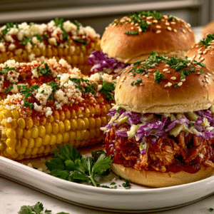 Quick Pulled Pork Sliders with Carolina BBQ Sauce; Street Corn on the Cob on a Stick
