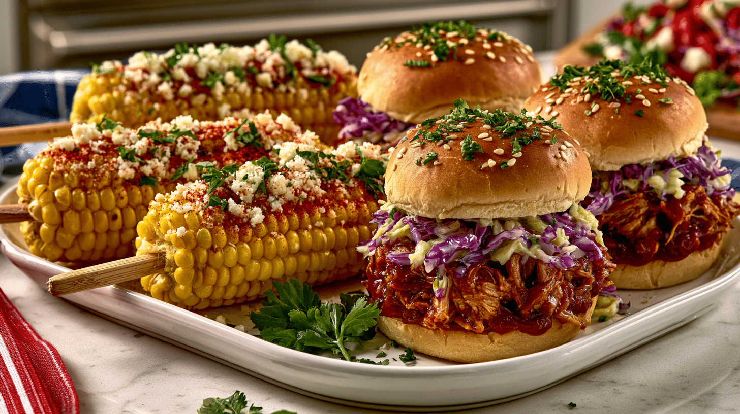Quick Pulled Pork Sliders with Carolina BBQ Sauce; Street Corn on the Cob on a Stick