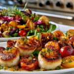 Seared Sea Scallops with Apricot-Jalapeno Relish Amuse and Heirloom Panzanella Salad with Radicchio & Hazelnut Vinaigrette, served with Chardonnay.