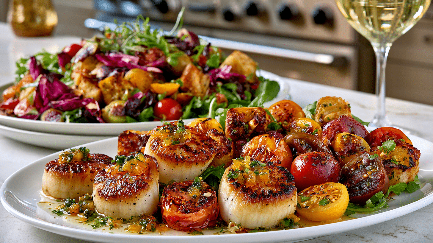 Seared Sea Scallops with Apricot-Jalapeno Relish Amuse and Heirloom Panzanella Salad with Radicchio & Hazelnut Vinaigrette, served with Chardonnay.