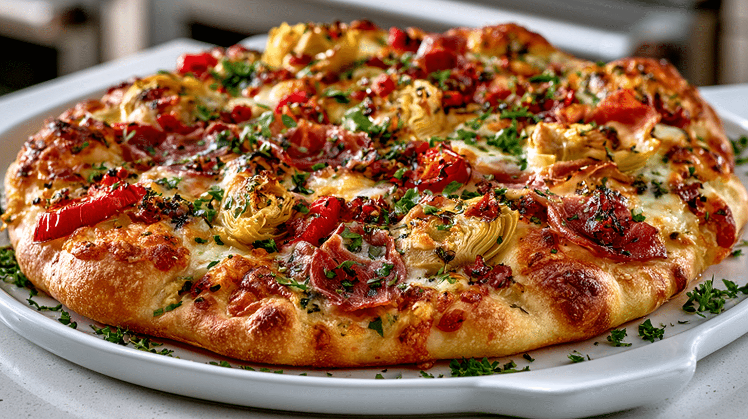 Spanish-Style Flatbread with Roasted Peppers, Artichokes and Prosciutto
